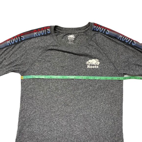 ROOTS Gray Shoulder Stripe Logo Red White Blue Short Sleeve Shirt XS Mens Unisex - Picture 5 of 6